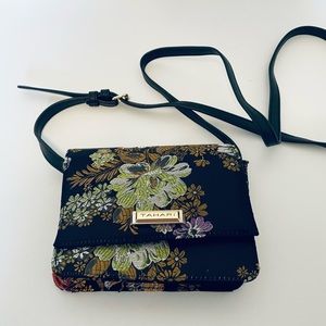 Tahari Ladies Purse Shoulder Bag Black Floral Flower Embroidered 5 by 7 Inches